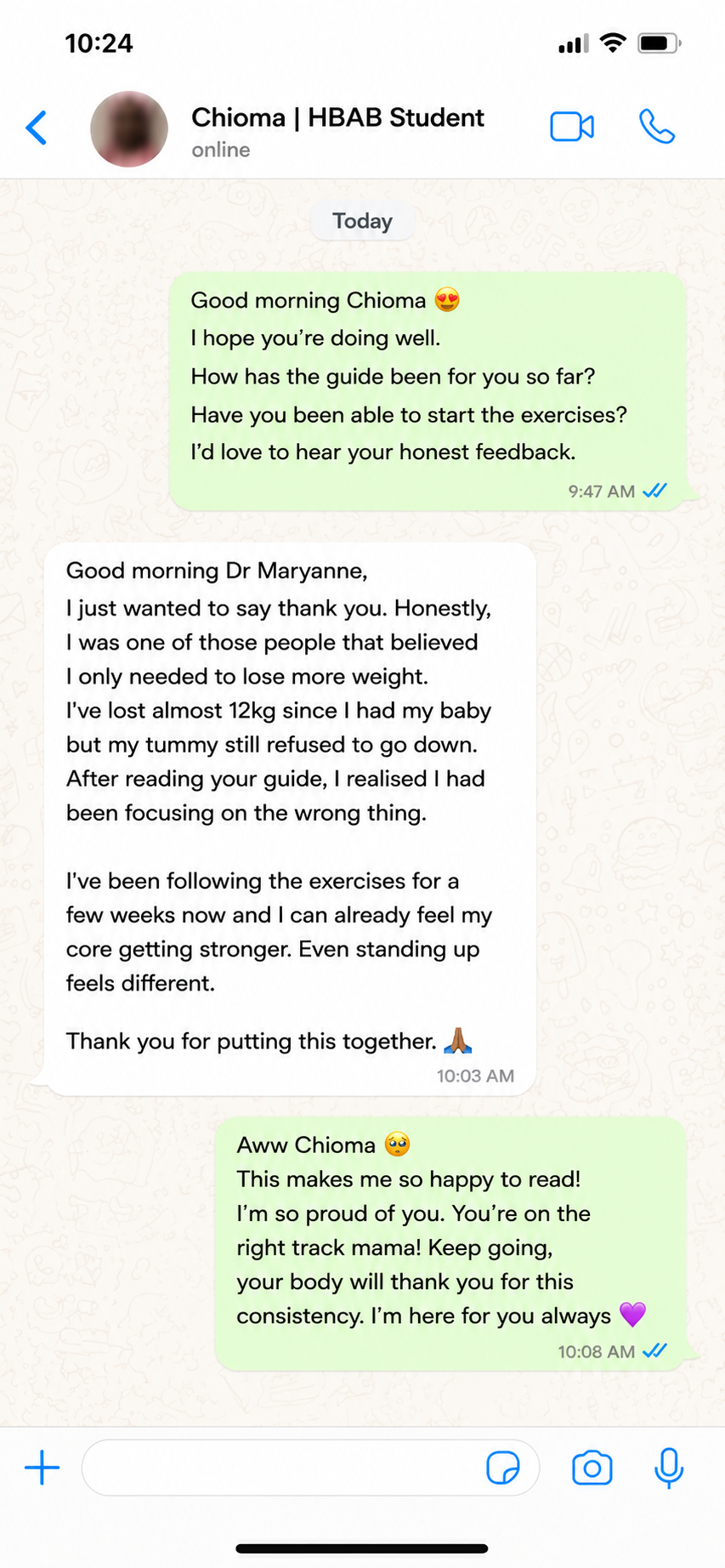 WhatsApp testimonial from Chioma about the postpartum recovery guide