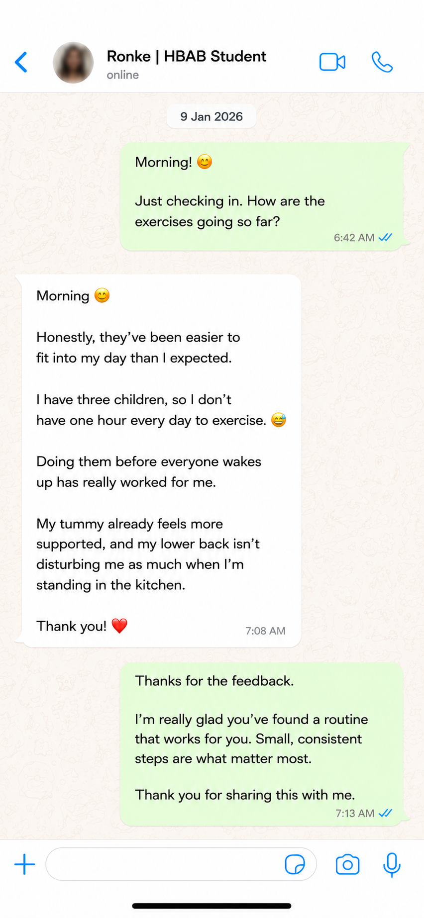 WhatsApp testimonial from Ronke about the postpartum recovery guide