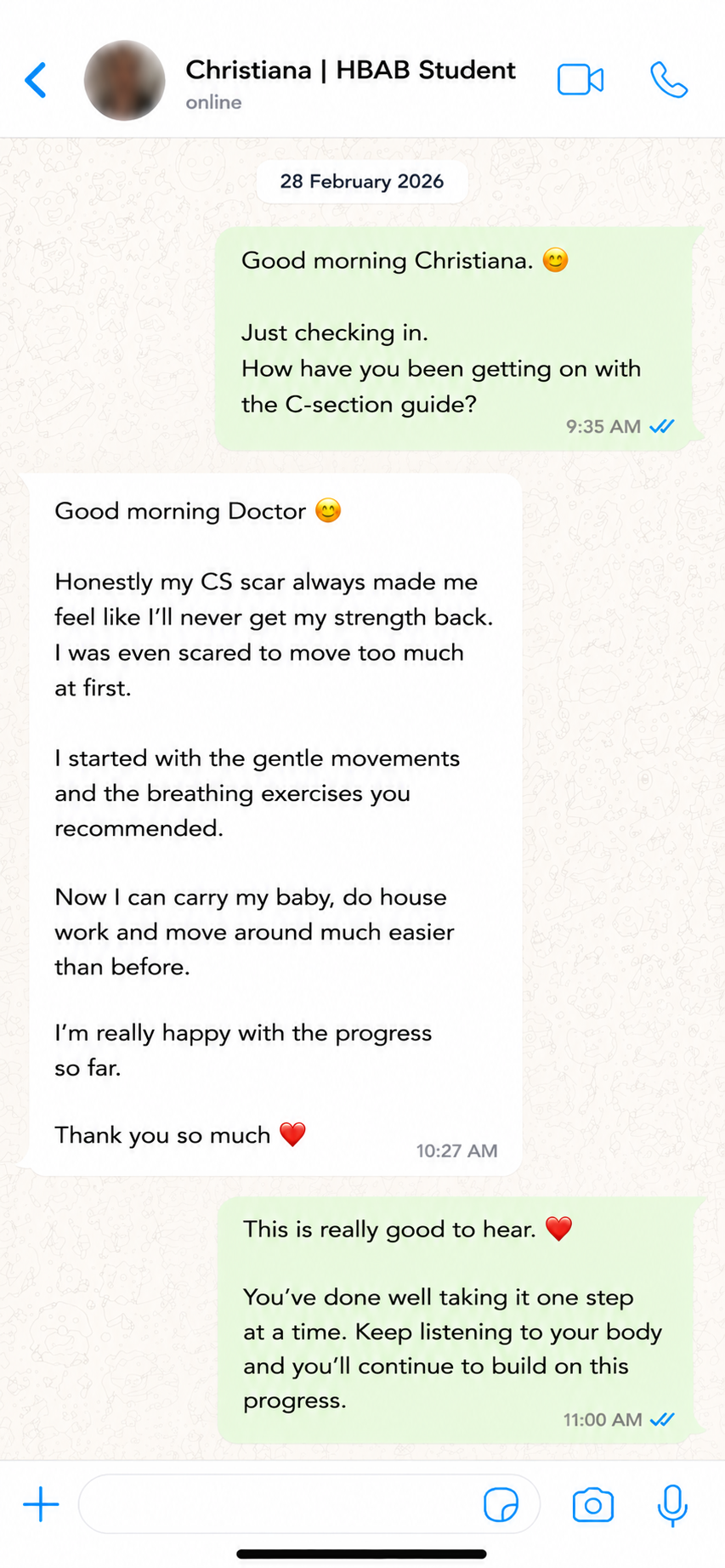 WhatsApp testimonial from Christiana about the postpartum recovery guide