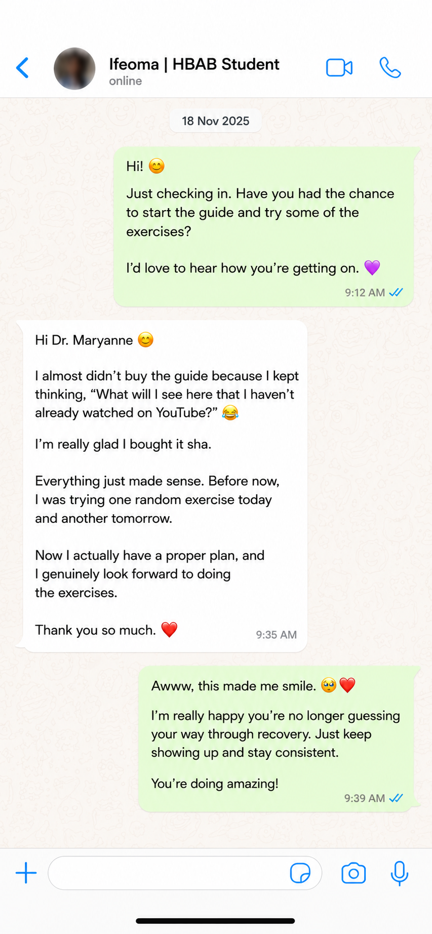 WhatsApp testimonial from Ifeoma about the postpartum recovery guide
