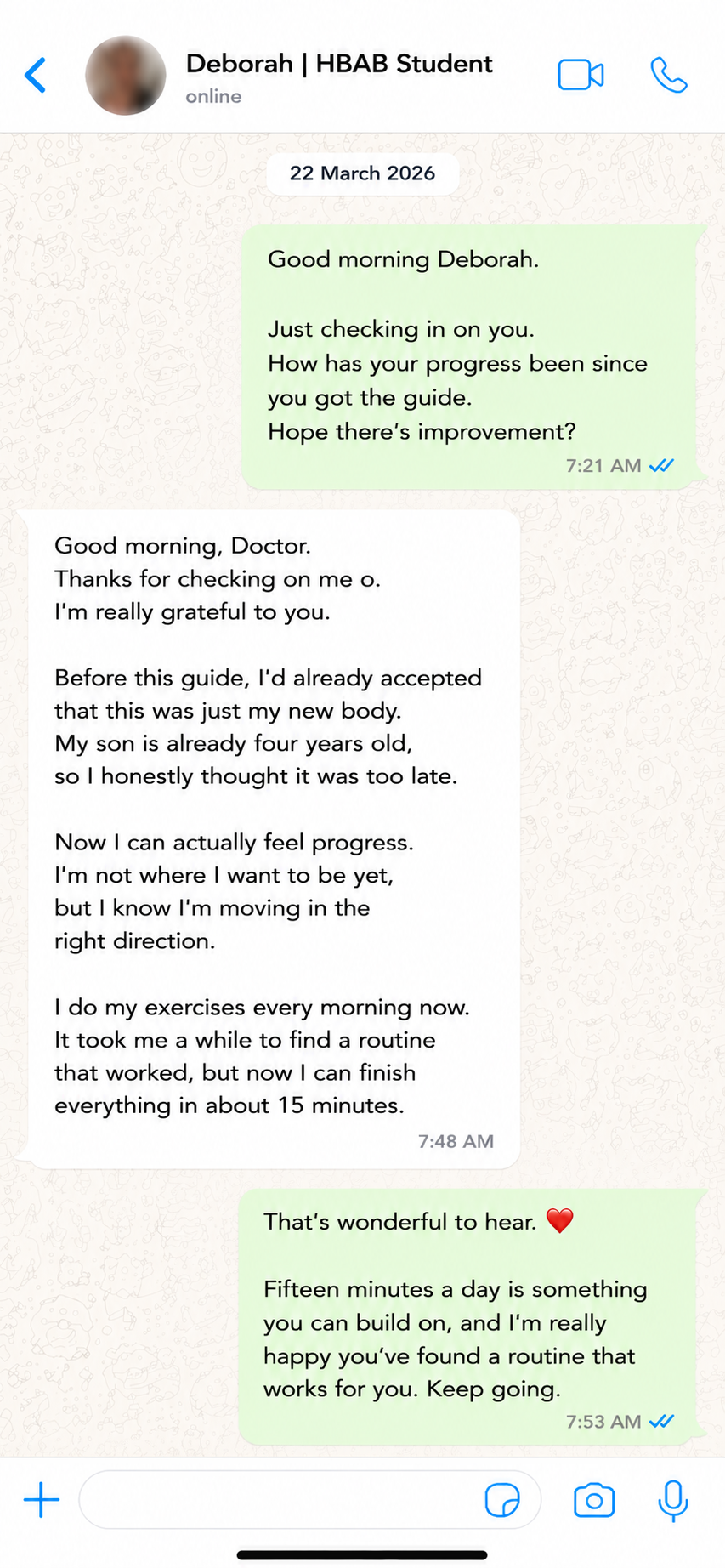 WhatsApp testimonial from Deborah about the postpartum recovery guide