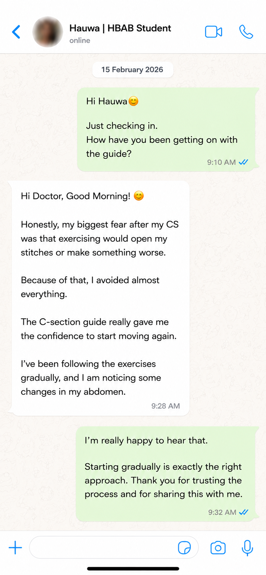 WhatsApp testimonial from Hauwa about the postpartum recovery guide