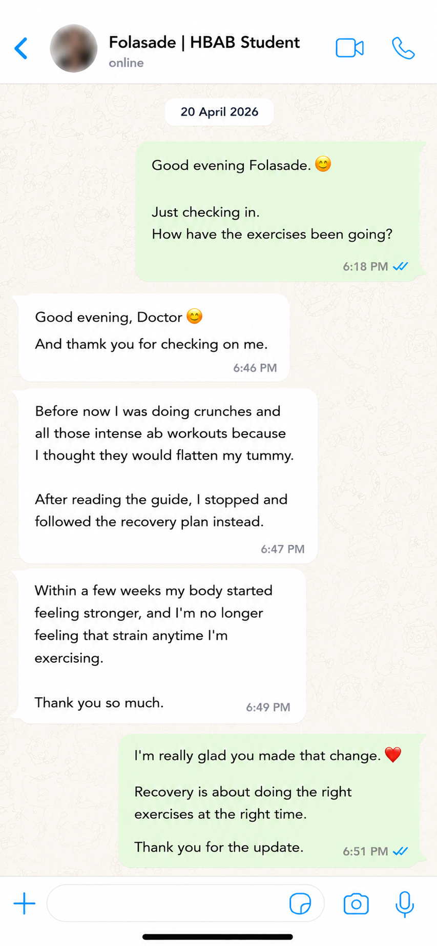 WhatsApp testimonial from Folásade about the postpartum recovery guide