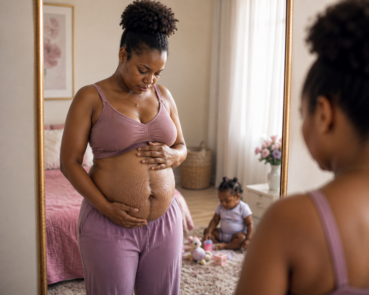 A mother looking at her postpartum belly in the mirror with her child nearby