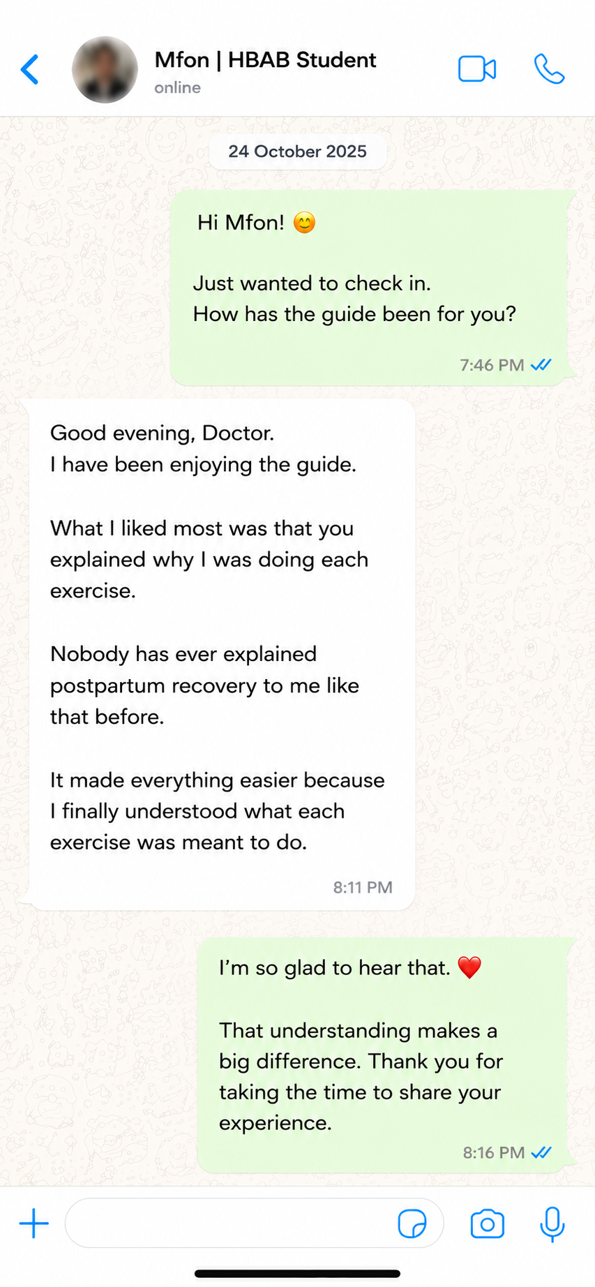 WhatsApp testimonial from Mfon about the postpartum recovery guide