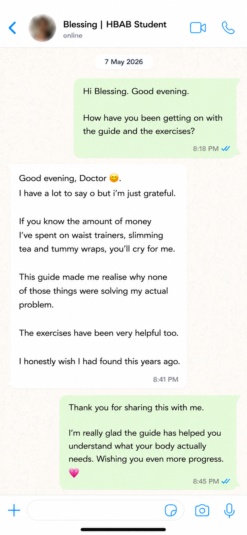 WhatsApp testimonial from Blessing about the postpartum recovery guide